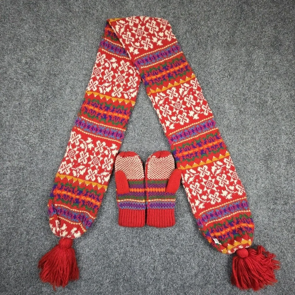 Vintage ARIS Scarf & Gloves Set 90s Geometric‎ Colorful Fair Isle Knit OSFA